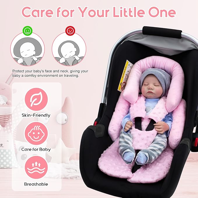 Infant Car Seat Insert with 3 Shoulder & Crocth Covers, Thickened Carseat Head and Body Support for Infant, Reversible Baby Car Seat Cushion for Boys Girls, Soft Mink Dot Newborn Insert for Preemie-BubblyBeeBaby