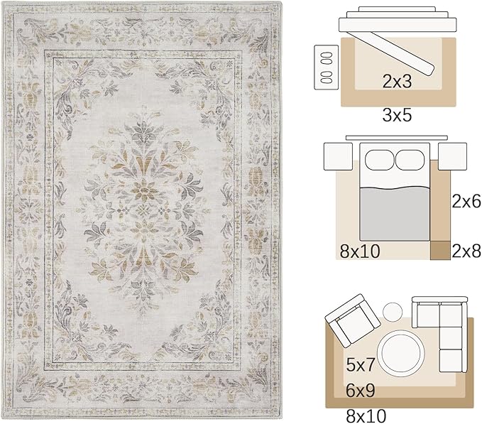 jinchan Hallway Runner Rug 2x8 Vintage Floral Distressed Design - Machine Washable Non-Slip Low-Pile Soft Thin Faux Wool Kitchen Carpet for Farmhouse Bedroom Laundry Room(2x8ft,Light Grey)-BubblyBeeBaby