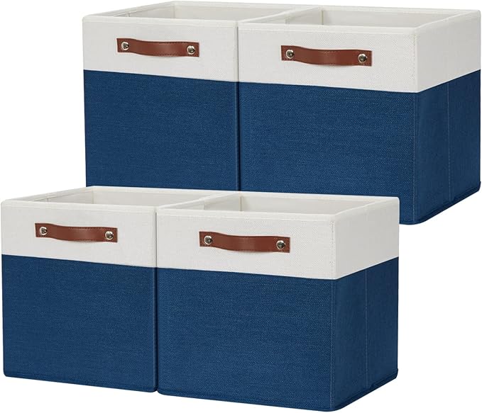 HNZIGE Cube Storage Baskets,Fabric Storage Cubes 12 x 12, Set of 4,Decorative Storage Baskets for Organizing with Handles,Blue Square Bins for Organizer Home Toy Nursery Closet(Blue White)-BubblyBeeBaby
