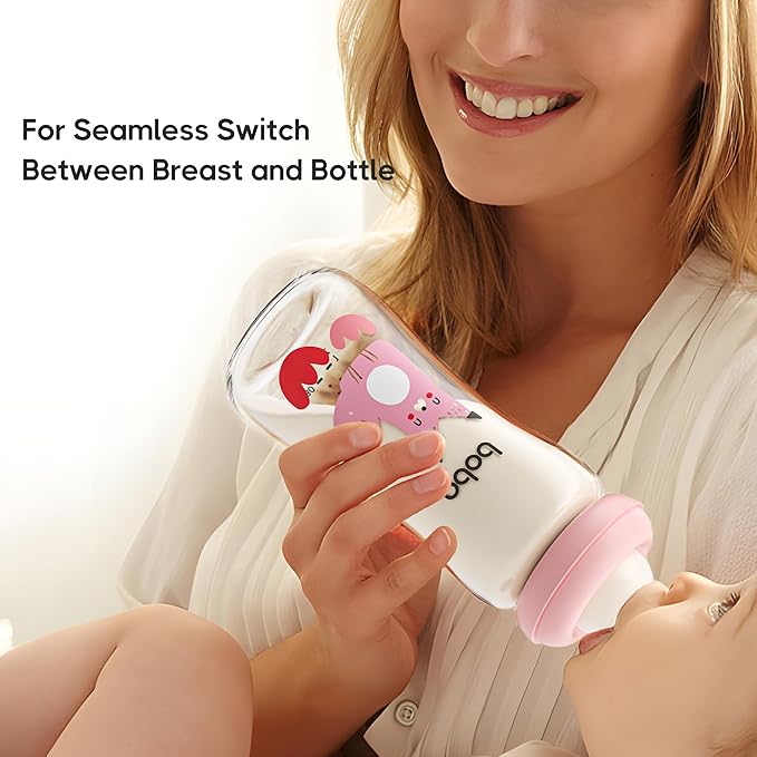 YOHKOH Natural Glass Baby Bottle with Natural Response Nipple, Newborn Anti-Colic Baby Bottles, Wide Neck Mushroom Cap Baby Bottle, Clear (8.8ounce (Pack of 4), Red2)-BubblyBeeBaby