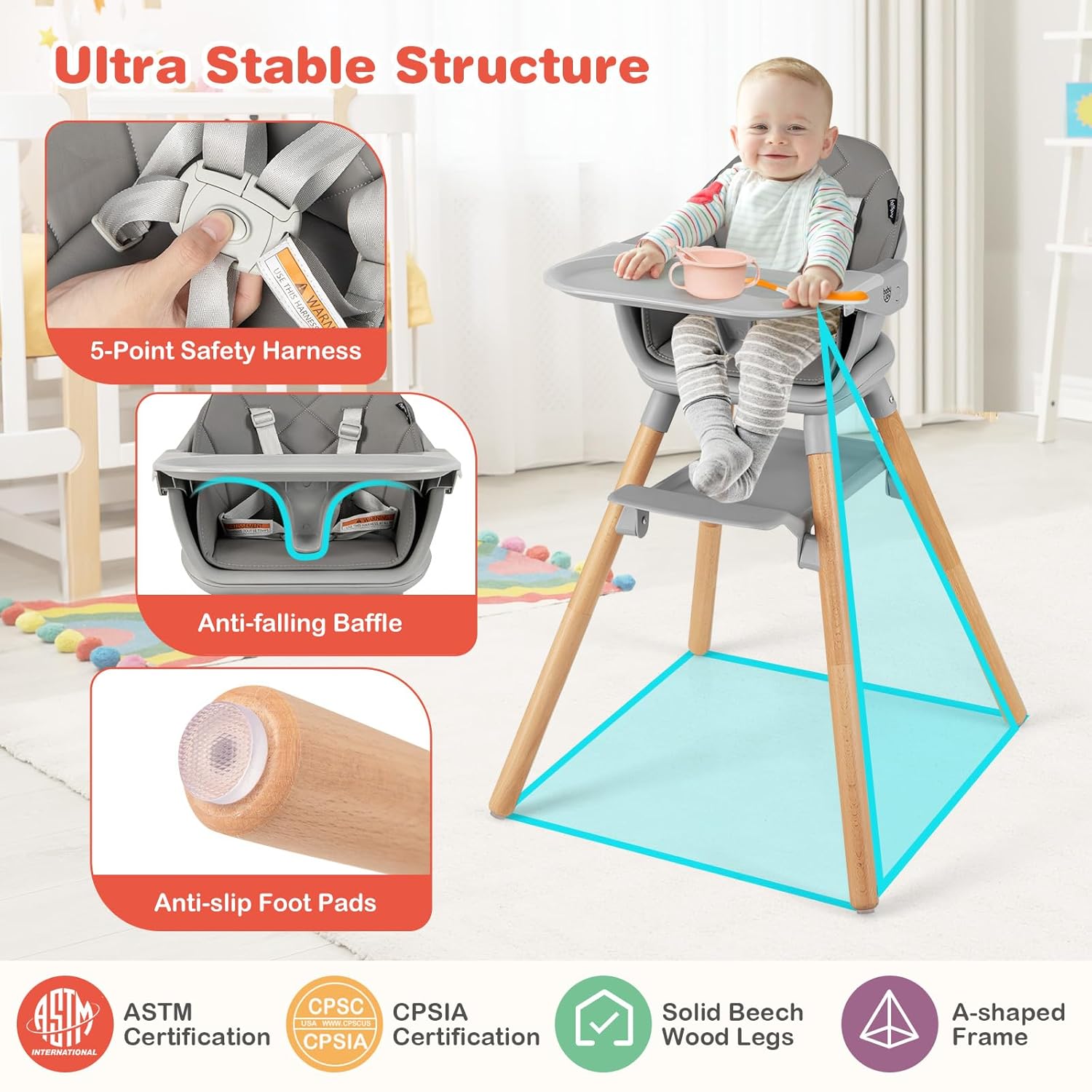 HONEY JOY Baby High Chair, 6 in 1 Convertible Wooden Highchair for Babies and Toddlers/Chair/Bar Stool, Removable Double Tray & Reversible Footrest, Safety Harness for Infant Boys Girls (Dark Gray)