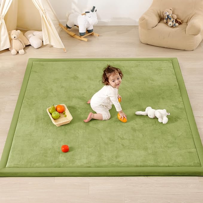 1.3" Thick Baby Play Mat for Floor, 39x59 Foam Tummy Time Mat, Padded Support Soft Plush Nursery Rug for Infant Kids Toddler Crawling Kick Activity (Olive Green)-BubblyBeeBaby