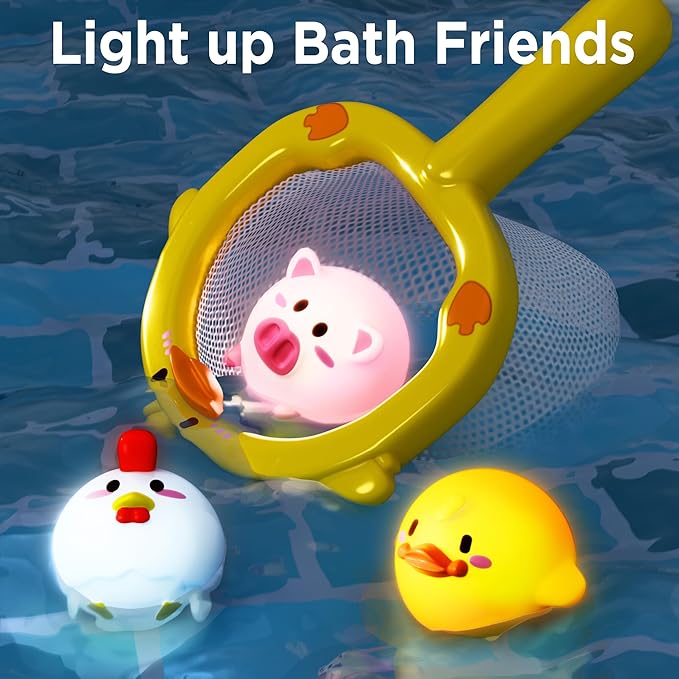 iPlay, iLearn Baby Duck Bath Toy, Toddler Bathtub Suction Water Spinner Gear, Kid Shower Fishing Game W/ Net, Light up Animal, Wind up Swimming Duck, Birthday Gift 6 9 12 Month 1 2 3 Year Old Boy Girl-BubblyBeeBaby