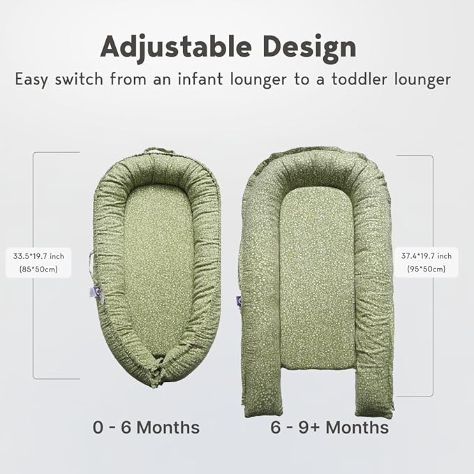Infant Lounger, Baby Nest Cover for Baby Girls & Boys, Newborn Essentials for Baby 0-18+ Months, 100% Cotton Breathable (Green_Wonder, Cotton_Muslin)-BubblyBeeBaby