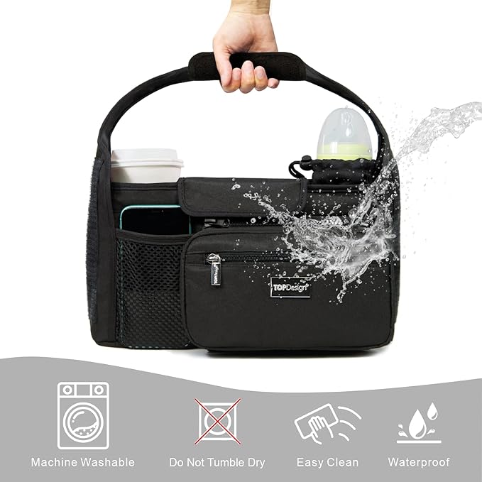 TOPDesign Universal Baby Stroller Organizer, Stroller Caddy with Heightened Insulated Cup Holders & Non-Slip Secure Hooks Accessories, Fits Most Strollers, Machine Washable (Black)-BubblyBeeBaby