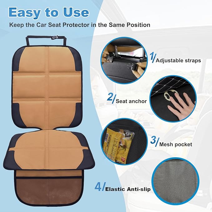 Car Seat Protector for Child Car Seat, 2 Pack Baby Car Seat Covers with Mesh Pockets & Non-Slip Backing 600D Durable Seat Protector (Brown, Standard)-BubblyBeeBaby