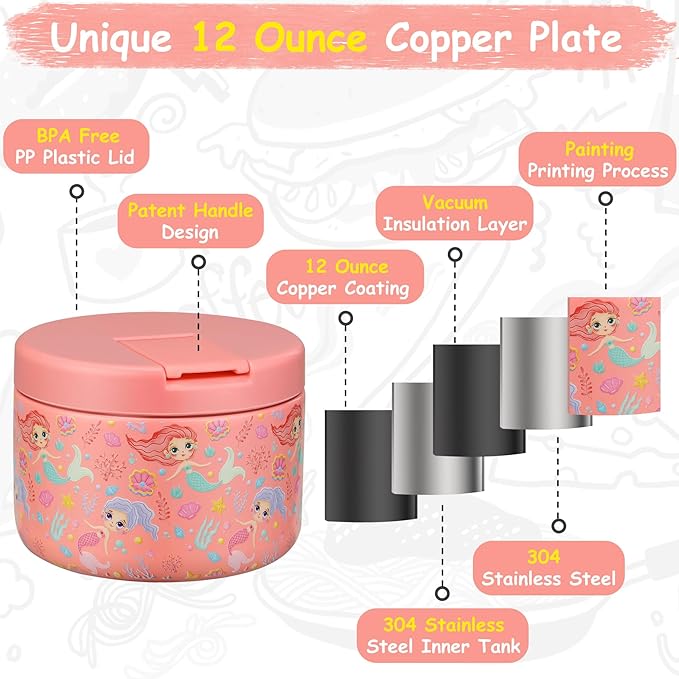 12oz Insulated Vacuum Food Jar with Buckle Lid Wide Mouth Soup Thermo for Hot Food Kids Leakproof Stainless Steel Lunch Container (mermaid)-BubblyBeeBaby