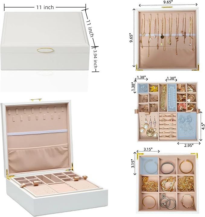 Jewelry Box Organizer for Women,White 2 Layer jewelry Stoarge Case,Built in Necklace Hook and Detachable Jewelry Tray,Indoor Jewelry Display Box-BubblyBeeBaby