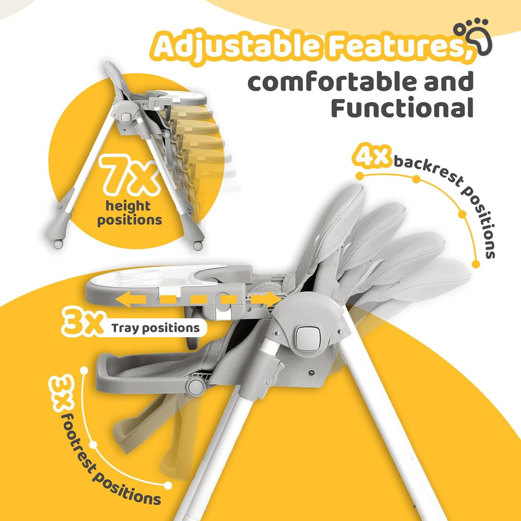 JOYMOR Foldable Baby High Chair, 4 in 1 Convertible Highchair for Eating, Height Adjustble and Multiple Recline, Compact Foldable Design for Easy Storage (Gray)