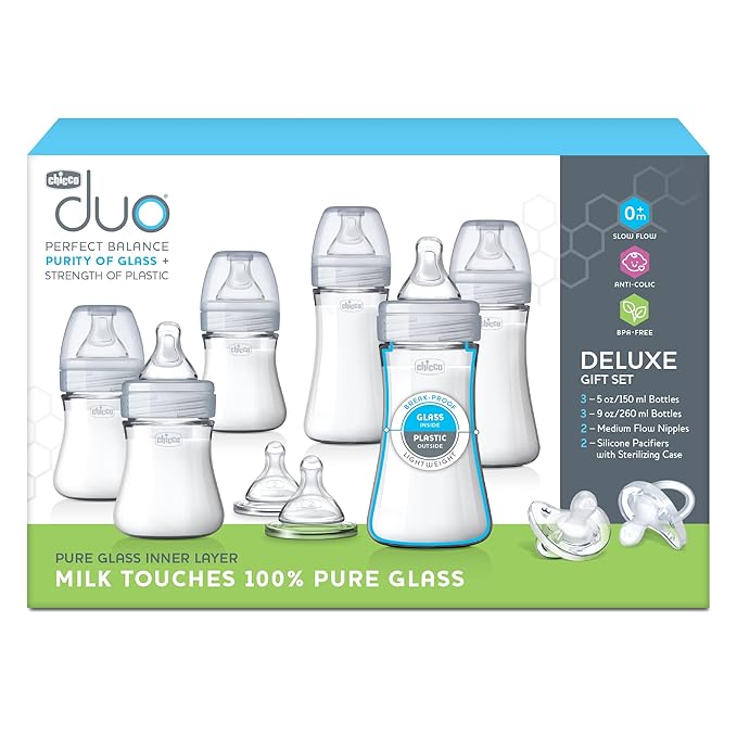 Chicco Duo Deluxe Hybrid Baby Bottle Starter Gift Set with Invinci-Glass Inside and Plastic Outside | Dishwasher, Bottle Warmer, and Electric Sterilizer Safe | Intui-Latch Nipple | Clear/Grey-BubblyBeeBaby