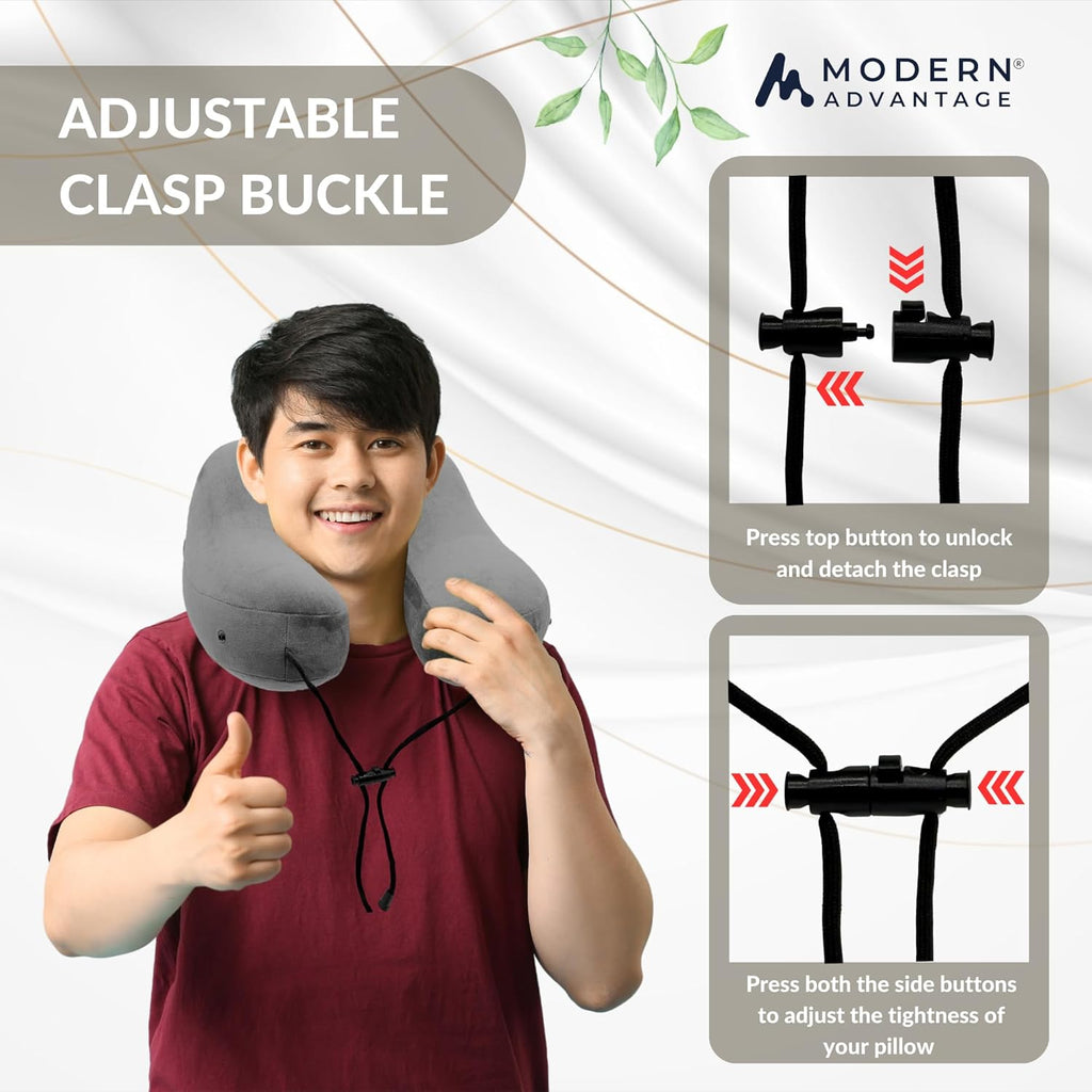 Modern Advantage Inflatable Travel Pillow for Airplanes – Hooded Neck Pillow with Adjustable Support – Comfortable, Compact & Travel-Friendly – Perfect for Sleeping on Long Flights (Grey)