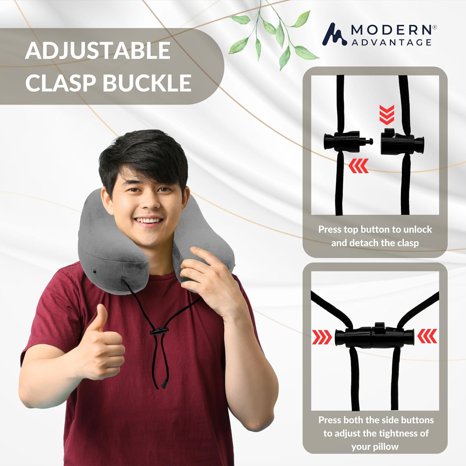 Modern Advantage Inflatable Travel Pillow for Airplanes – Hooded Neck Pillow with Adjustable Support – Comfortable, Compact & Travel-Friendly – Perfect for Sleeping on Long Flights (Grey)