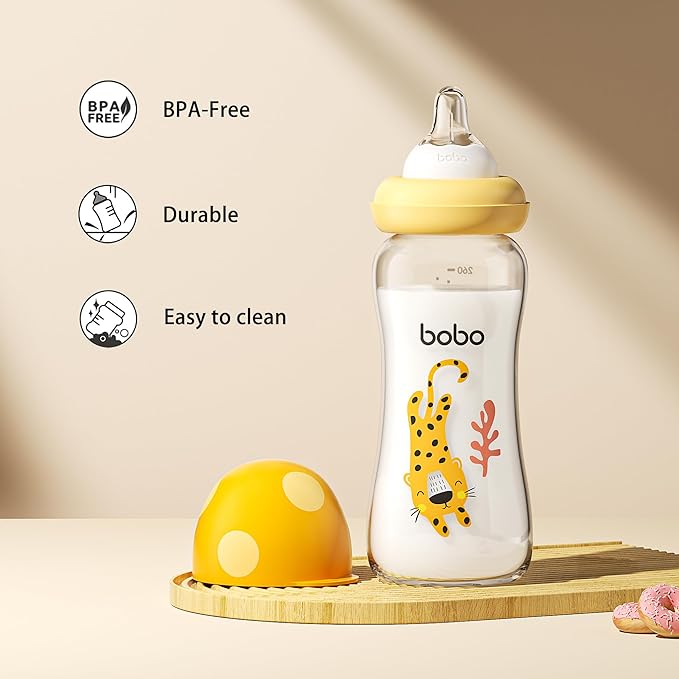 YOHKOH Natural Glass Baby Bottle with Natural Response Nipple, Newborn Anti-Colic Baby Bottles, Wide Neck Mushroom Cap Baby Bottle, Clear (8.8ounce (Pack of 2), Yellow2)-BubblyBeeBaby