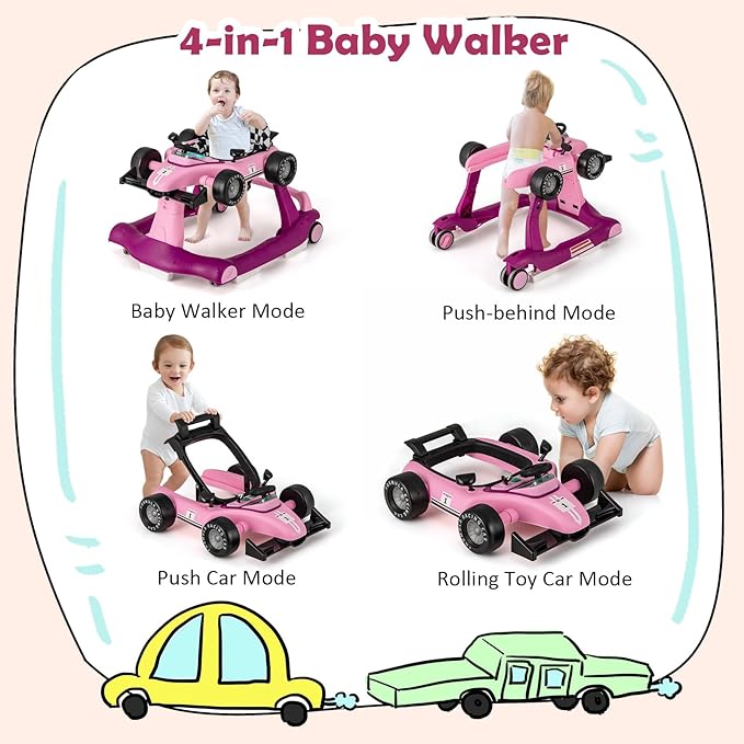 HONEY JOY 4-in-1 Baby Walker, Activity Push Walker w/3 Adjustable Heights, Smooth Wheels w/Adjustable Speed, Padded Seat, Music & Light, Foldable Car Walker for Baby Boys Girls Age 6 Months+ (Purple)-BubblyBeeBaby