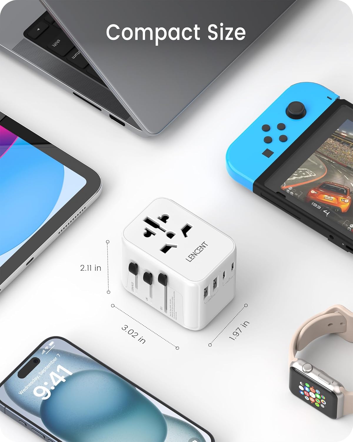 LENCENT Universal Travel Adapter, GaN III 30W International Charger with 2 USB&3 Type-C PD Fast Charging Ports, Worldwide Plug Adaptor for iPhone, Laptops, Type A/C/G/I (USA/UK/EU/AUS), White