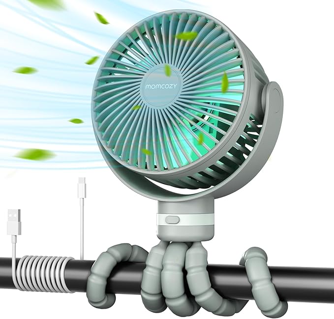 Momcozy 8000mAh Portable Stroller Fan, 27H Ultra-long Life Detachable 4 Speed 360°Rotate LED Night Light with 2 Modes, USB Rechargeable Handheld Cooling Fan for Travel/Bedroom/Car Seat-BubblyBeeBaby