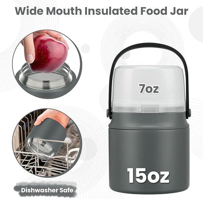 2-in-1 Insulated Food Jar & Snack Container - 15oz Kids Soup Thermos for Hot Food with Handle and Spoon, Leak Proof Reusable Toddler Snack Box, Perfect for School & Travel, Grey-BubblyBeeBaby