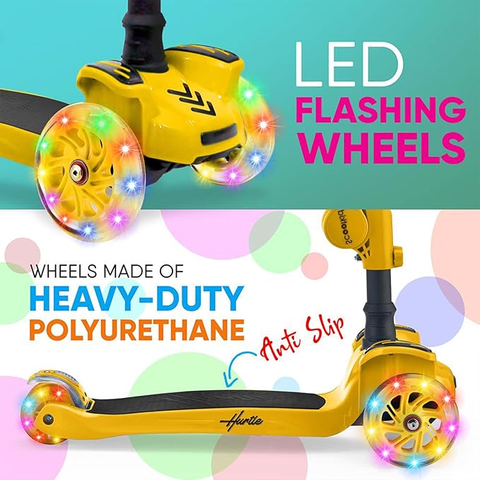Hurtle 3-Wheeled Scooter for Kids - Wheel LED Lights, Adjustable Lean-to-Steer Handlebar, and Foldable Seat - Sit or Stand Ride with Brake for Boys and Girls Ages 1-14 Years Old-BubblyBeeBaby