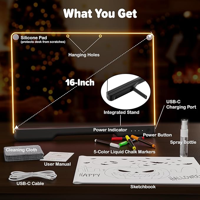 16-Inch Rechargeable Doodle Glow LED Note Board, 7-Color Light Modes, Neon Art Dry Erase Light Up Drawing Pad with Built-in Stand, Sketching Gift Toy for Kids/Girls/Teens, 5 Markers & Tracing Book-BubblyBeeBaby