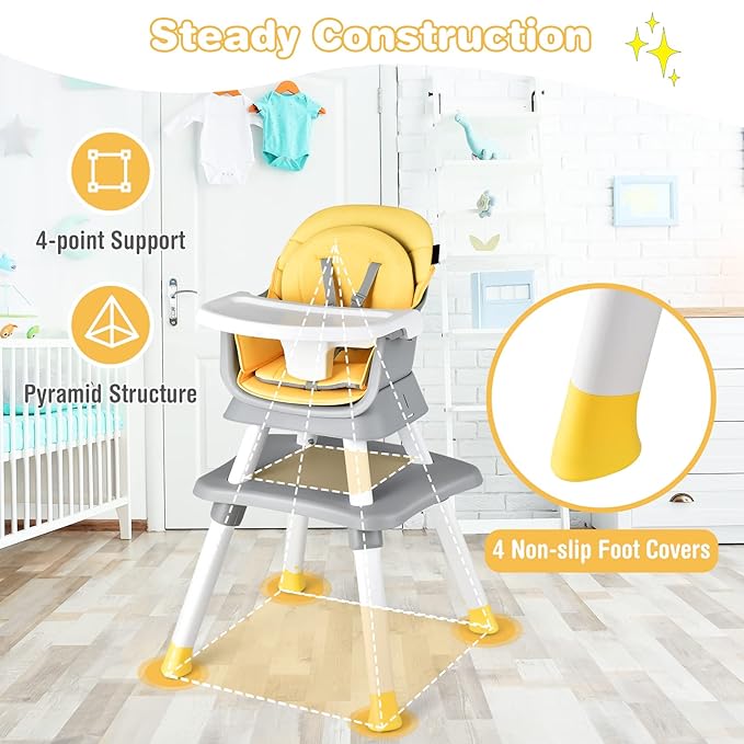HONEY JOY 8 in 1 Baby High Chair, Convertible Highchair for Babies and Toddlers/Table and Chair Set/Building Block Table/Booster Seat/Stool/Toddler Chair with Safety Harness(Yellow)-BubblyBeeBaby