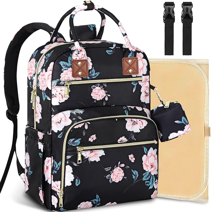 Baby Diaper Bag Backpack, Travel Diaper Bags for Girl Boy Large Capacity Baby Bag Backpack for Women Black Floral-BubblyBeeBaby