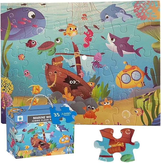 Jumbo Floor Puzzle for Kids, Large Jigsaw Puzzles 35 Piece for Kids Ages 3-5,Preschool Learning & Education Toys, Gifts for 4-8 Year Old Boys and Girls (Marine Animals 2)-BubblyBeeBaby