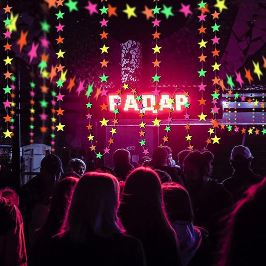 108ft Neon Glow Party Star Paper Garland UV Glow in The Dark Party Supplies Garlands Neon Paper Streamers for Blacklight Fluorescent Supplies for Birthday Wedding Decorations-BubblyBeeBaby