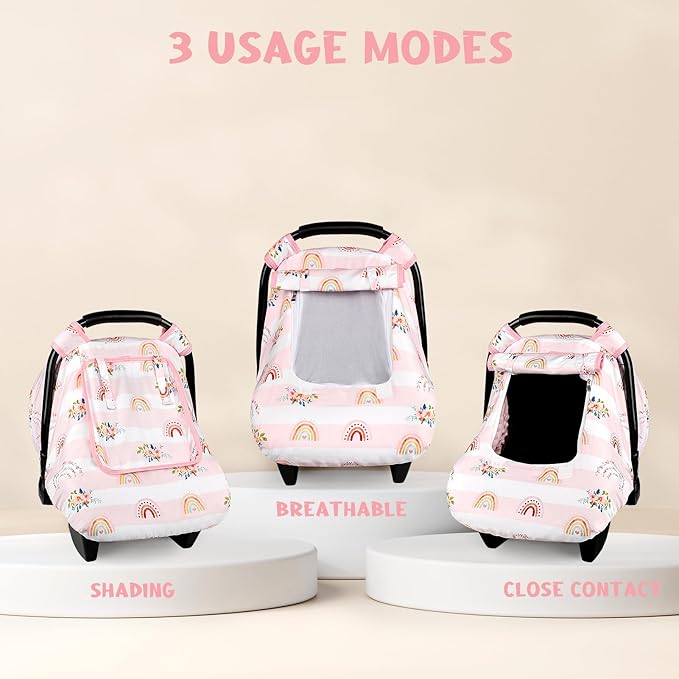 Pea Pod Car Seat Cover Baby, Infant Car Seat Canopy Covers for Newborn with 2 Layers Windows of Breathable Mesh Fabric, Lightweight Polyester/Soft Minky Dot Backing (Floral & Rainbow)-BubblyBeeBaby