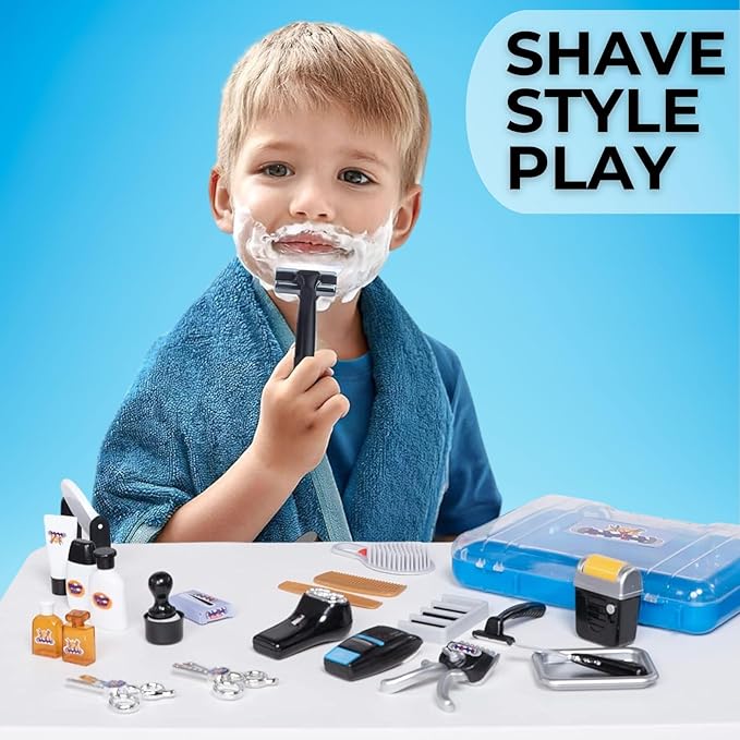 24 Pcs Barber Shop Pretend Play Toy - My First Shaving and Grooming Haircut Kit Toddler Role Play Set with Styling Accessories & Storage Box for Kids, Boys-BubblyBeeBaby