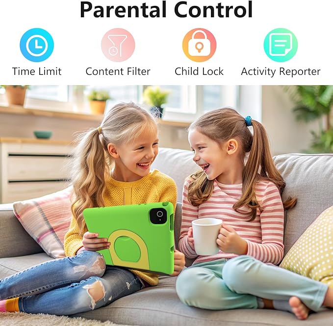 JREN Kids Table 10.1" ｜Android 14 Tablet for Kids｜64GB Storage｜Octa-Core｜WiFi ｜Cameras｜Parental Control｜Kids Content｜Case Included Great Gift for Children Ages 3-12 Years Old Green-BubblyBeeBaby