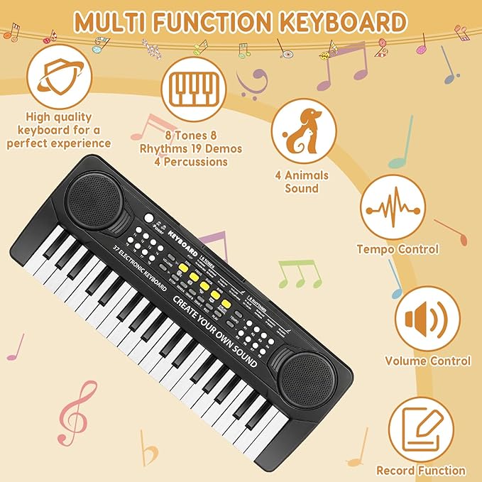 Kid Keyboard Piano - 37 Keys Piano Toys for Kids Beginners Electronic Pianos with Microphone Educational Musical Toy for 3 4 5 6 7 8 Year Old Boys Girls Gift-BubblyBeeBaby