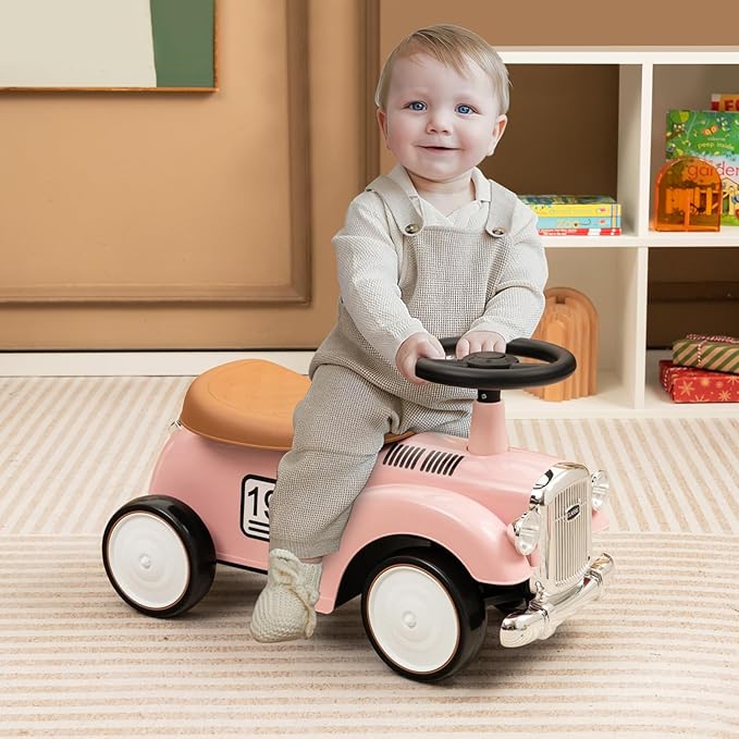 HONEY JOY Ride On Push Car, Outdoor Toddler Riding Toys w/Steering Wheel, Horn & Storage, Foot-to-Floor Sliding Car, No Batteries, Retro Baby Ride On Toys for Boys and Girls (Pink)-BubblyBeeBaby