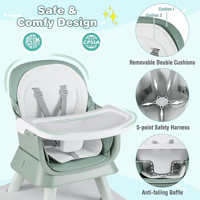 HONEY JOY 8 in 1 Baby High Chair, Convertible Highchair for Babies and Toddlers/Table and Chair Set/Building Block Table/Booster Seat/Stool/Toddler Chair with Safety Harness (Green)-BubblyBeeBaby
