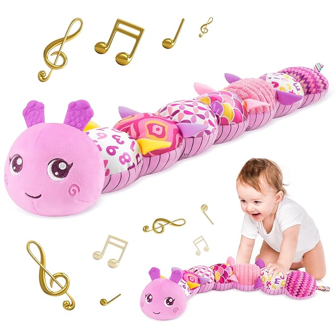 Infant Baby Musical Stuffed Animal Activity Soft Toys with Multi-Sensory Crinkle, Rattle and Textures for 0-3-6-12 Months Developmental Toys, Caterpillar, Purple-BubblyBeeBaby