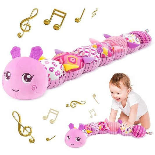 Infant Baby Musical Stuffed Animal Activity Soft Toys with Multi-Sensory Crinkle, Rattle and Textures for 0-3-6-12 Months Developmental Toys, Caterpillar, Purple-BubblyBeeBaby