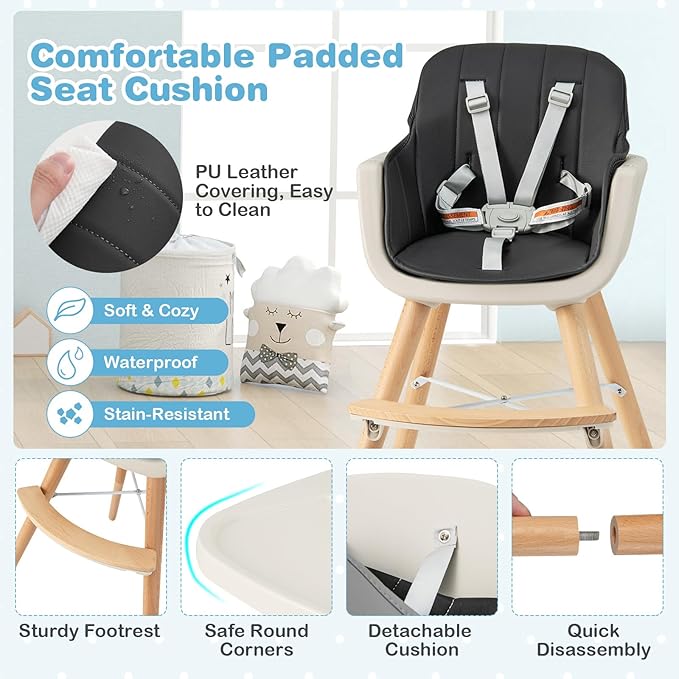 HONEY JOY Baby High Chair, 6-in-1 Eat & Grow Wooden Highchair/Toddler Chair with Removable Tray, 5-Point Harness, PU Cushion and Footrest, Convertible High Chair for Babies and Toddlers(Black)-BubblyBeeBaby