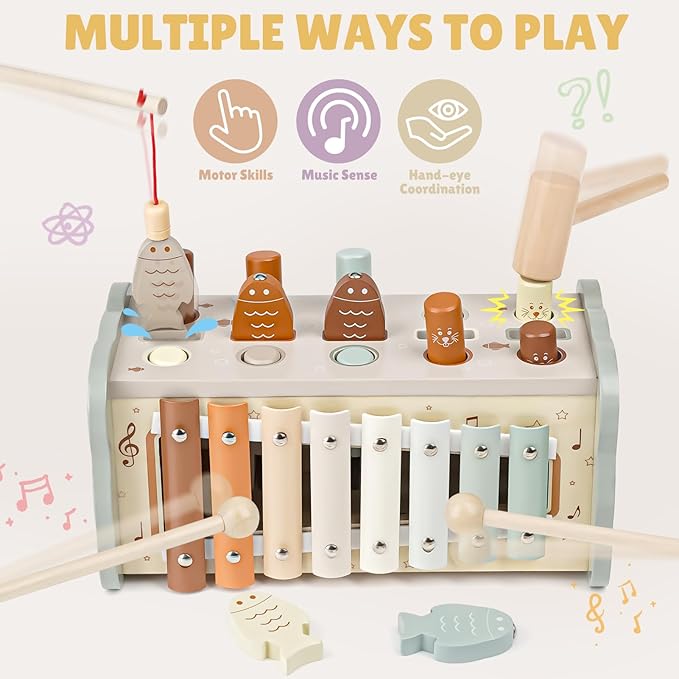 Joyreal Wooden Montessori Toys for 1 Year Old - Hammering Pounding Toy with Xylophone & Fishing Game - Educational Toddler Activities for 1 2 3 Year Old Christmas Birthday Gifts-BubblyBeeBaby
