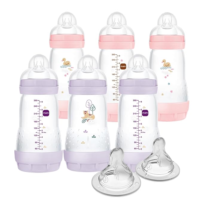 MAM 9oz Easy Start Anti-Colic Baby Bottles, Medium Flow with 2X Bonus Nipples (Fast and Extra Fast Flow), Reduces Colic, Gas, & Reflux, Easy-to-Clean, BPA-Free, 2 Plus Months-BubblyBeeBaby