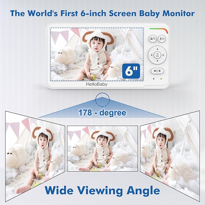HelloBaby Baby Monitor with 6" World First IPS Screen 30-Hrs Battery, No WiFi Video Baby Monitor Camera and Audio, Remote Pan/Tilt/Zoom, ECO, VOX, 2-Way Talk, Night Vision, 1000ft, Portable for Travel-BubblyBeeBaby