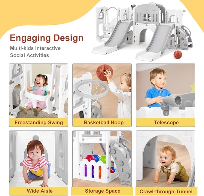 JOYLDIAS 10 in 1 Toddler Slide, Double Kid Climber Slide Playset w/Swing, Basketball Hoop, Telescope, Tunnel, Storage Space and Non-Slip Steps, Indoor Outdoor Backyard Playground Toy for Toddlers-BubblyBeeBaby