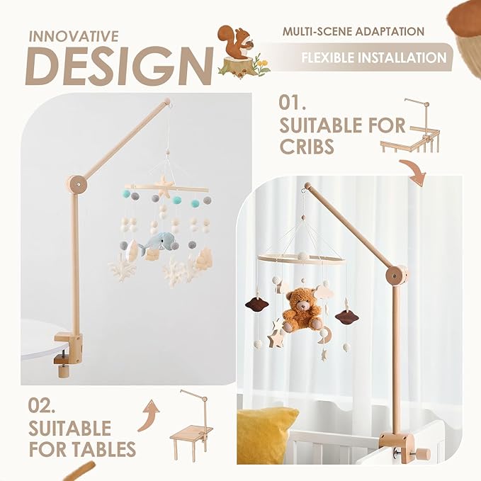 HI BABY MONMENT Crib Mobile Arm - Rotating Baby Mobile Hanger, Natural Beech Wood, Mobile Stand for Crib Nursery Decor, Perfect for Baby Girl or Boys-BubblyBeeBaby