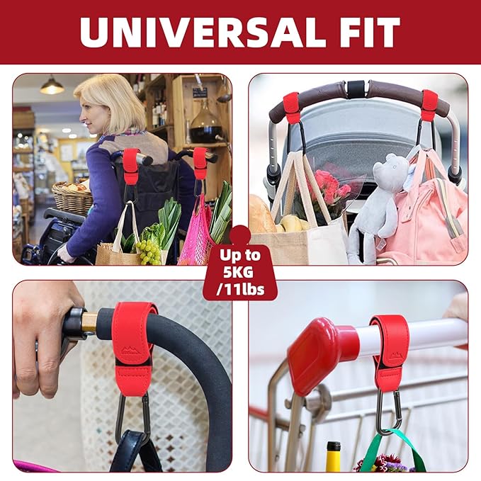 Baby Stroller Hooks Bag Hooks for Hanging Diaper Bags Multipurpose Hooks for Grocery Shopping Bags Premium Vegan Leather Pram Straps 2 Pcs (red)-BubblyBeeBaby