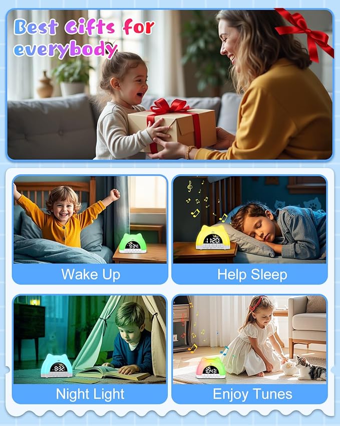 Kids Alarm Clock, OK to Wake Clock for Kids, Cat Clock with 11 Colors Night Light, 10 Soothing Sounds, Child Lock, Dual Alarms, Sleep Training, Birthday Gift for Boy Girls Children-BubblyBeeBaby