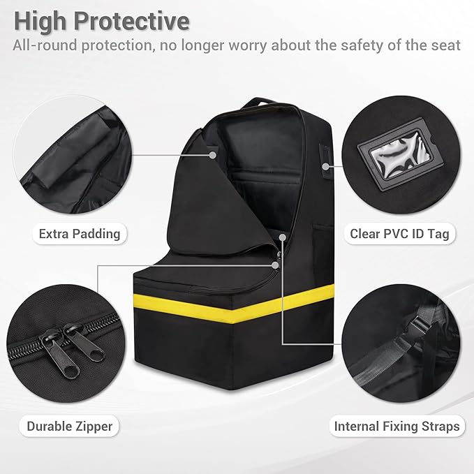 Car Seat Travel Bag - Padded, Comfortable, Durable, Roomy Gate Check Carseat Cover Backpack Fits 3-in-1，Convertible, Booster & Infant Car Seats for Airplane, Airport, Yellow-BubblyBeeBaby