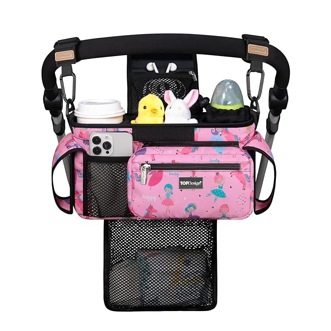TOPDesign Universal Baby Stroller Organizer, Stroller Caddy with Detachable Mesh Bag & Heightened Insulated Cup Holders & Non-Slip Secure Hooks Accessories, Fits Most Strollers (Unicorns & Girls)-BubblyBeeBaby