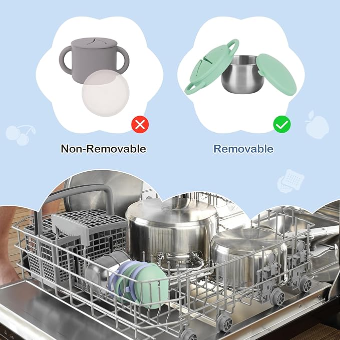 2 Pack Snack Cups for Toddlers Spill Proof - Detachable Stainless Steel Toddler Snack Cups with Silicone Lids & Handles - Dishwasher Safe Baby Snack Containers for Mess-Free Snacking (Blue and Green)-BubblyBeeBaby