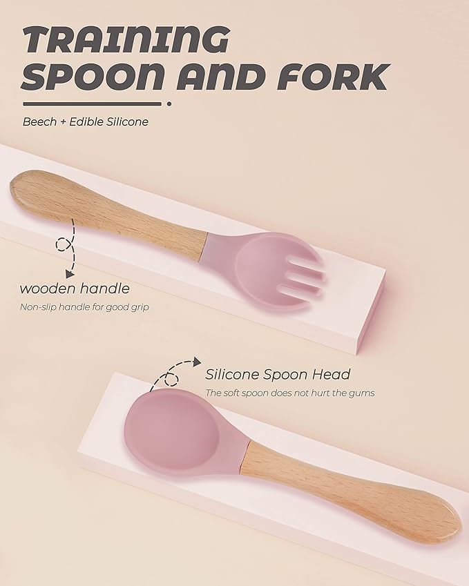 10 pcs Baby Spoons and Forks, First Stage Baby Led Weaning Spoons, Chewable Baby Utensils for Self-Feeding, Bamboo and Silicone Baby Utensils, Kids Utensils for Over 6 Months Babies-BubblyBeeBaby