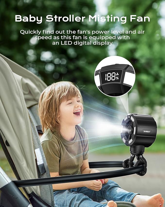 6000mAh Misting Fan for Stroller, 3 Speeds Portable Clip Fan with Intermittent/Continuous Spray, 14H Cooling, Detachable Mount, Timer & Night Light for Baby (100ML Water Tank) - Black-BubblyBeeBaby