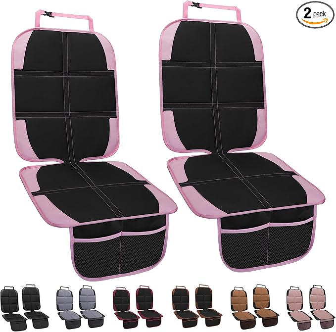 Child Car Seat Protector, 2 Pack with Mesh Pockets & Non-Slip Backing, 600D Durable (Pink, Standard)-BubblyBeeBaby