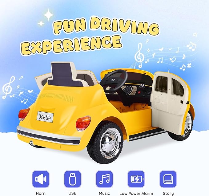 12V Kids Electric Car, Power Wheels with Remote Control, Ride on Car Toys with LED Light, 3 Speeds, Music, Yellow-BubblyBeeBaby